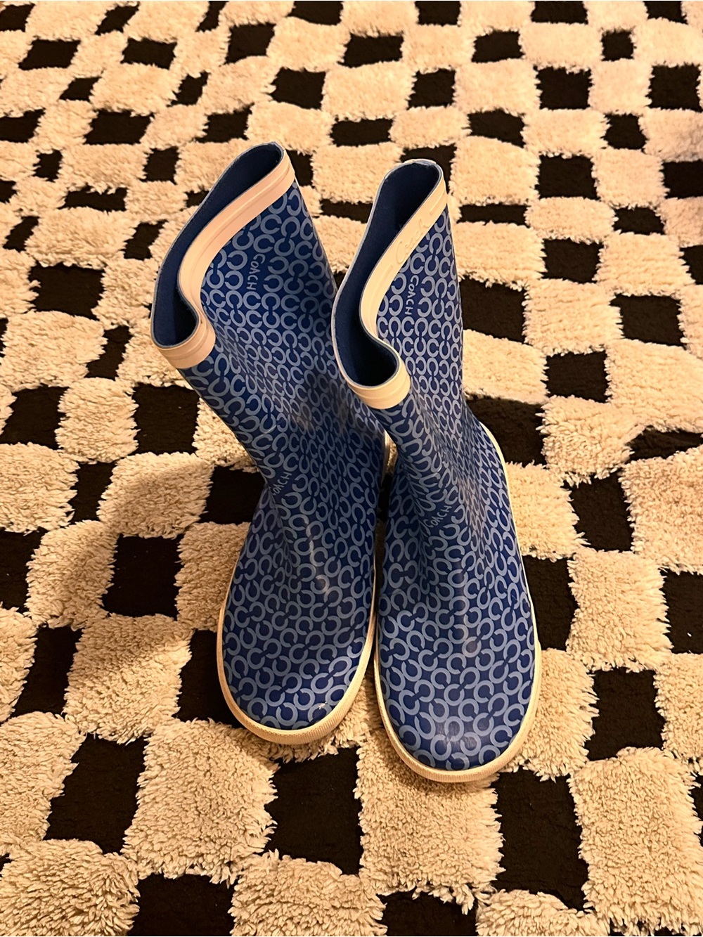 Coach Blue Signature Pattern Rain Boots with Cream Trim